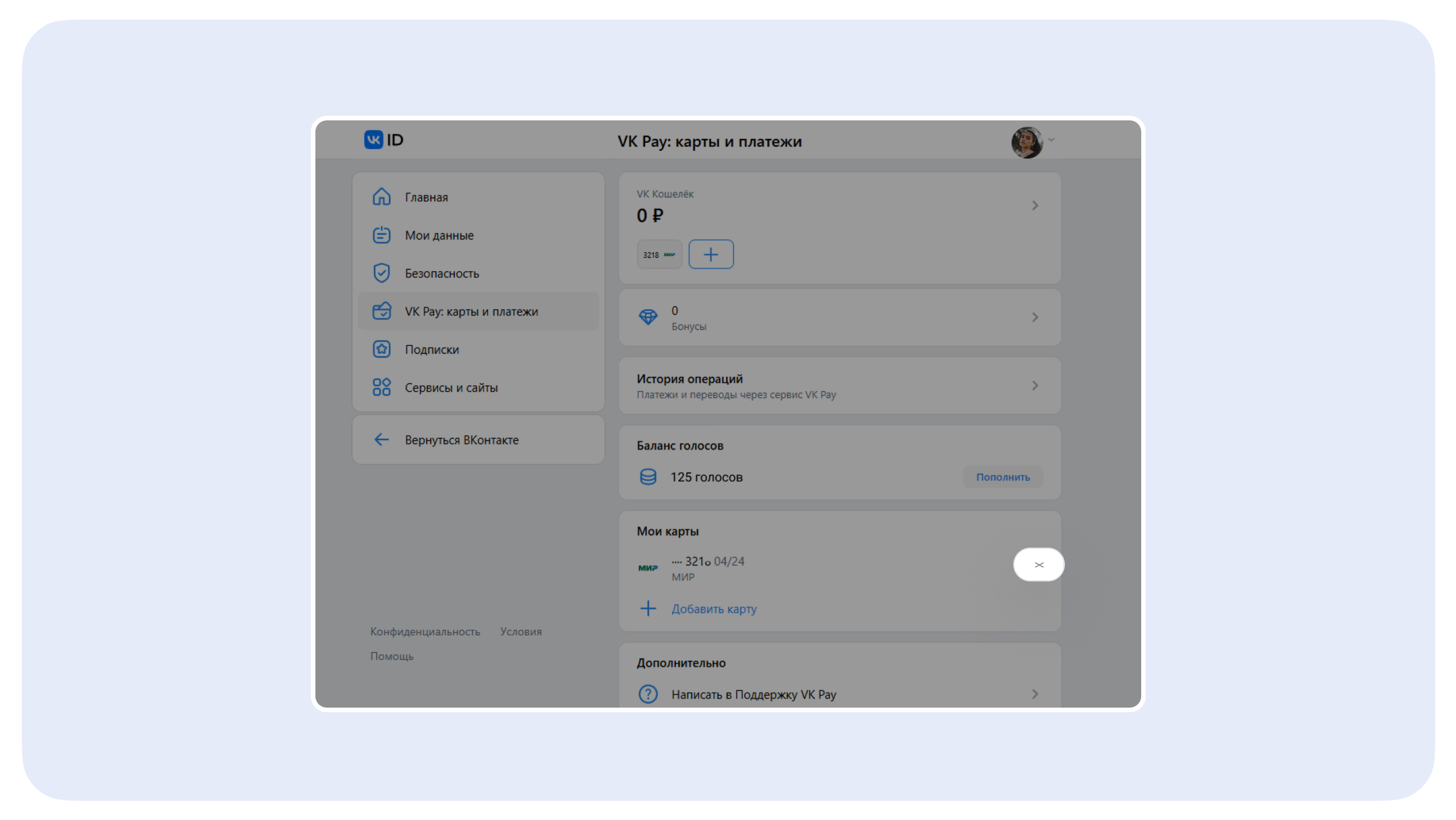 Раздел личного кабинета VK ID VK Pay